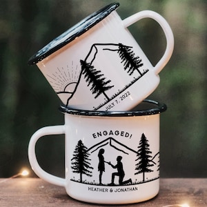 Engaged Couple Personalized Camp Mug || custom camper mug camping mug customized enamel mug campfire mug engagement gifts for couple unique