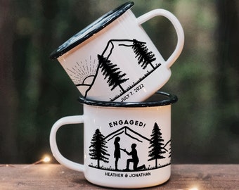 Engaged Couple Personalized Camp Mug || custom camper mug camping mug customized enamel mug campfire mug engagement gifts for couple unique