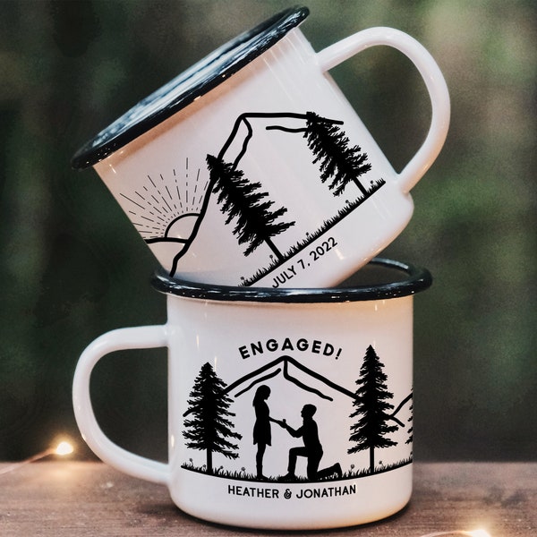 Engaged Couple Personalized Camp Mug || custom camper mug camping mug customized enamel mug campfire mug engagement gifts for couple unique
