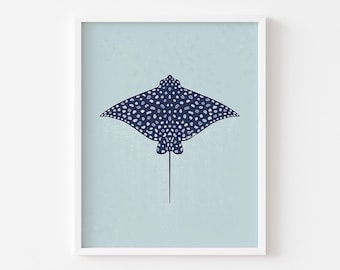 Spotted Eagle Ray Art Print || ocean theme wall art beach decor coastal artwork surf poster beach prints room decor manta ray gifts