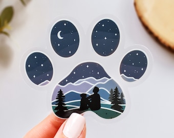 Dog Paw Print Mountain Guy with Dog Clear Vinyl Sticker || hiking stickers outdoor nature sticker adventure art unique hiking gifts stars