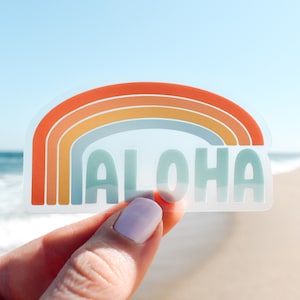 Aloha Clear Vinyl Sticker || ocean stickers surf sticker summer decor coastal artwork nature sticker art beach sticker rainbow hawaii decor