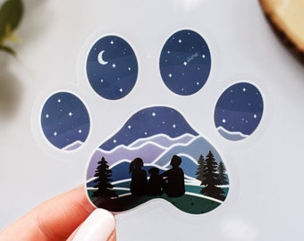 Dog Paw Print Mountain Couple with Dog Clear Vinyl Sticker || hiking stickers outdoor nature sticker adventure art unique hiking gifts stars