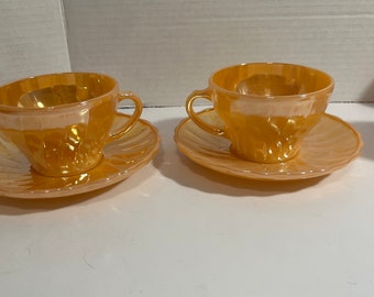 Fire King, peach lustre , tea cups and saucer, vintage, dishes,