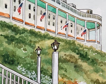 Mackinac Island Grand Hotel Print, Michigan Hand-made Real Watercolor Art