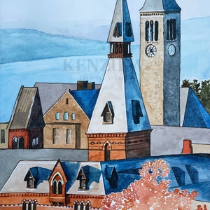 May include: Watercolor painting of a cityscape with several buildings, including a tall tower with a clock face. The buildings are painted in shades of blue, brown, and red. The sky is a light blue color.