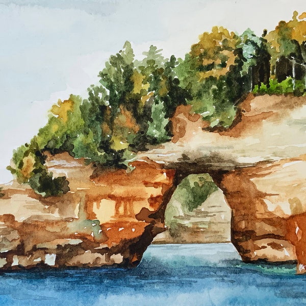 Pictured Rocks National Lakeshore Watercolor Real Painting Print, Michigan State Parks Art