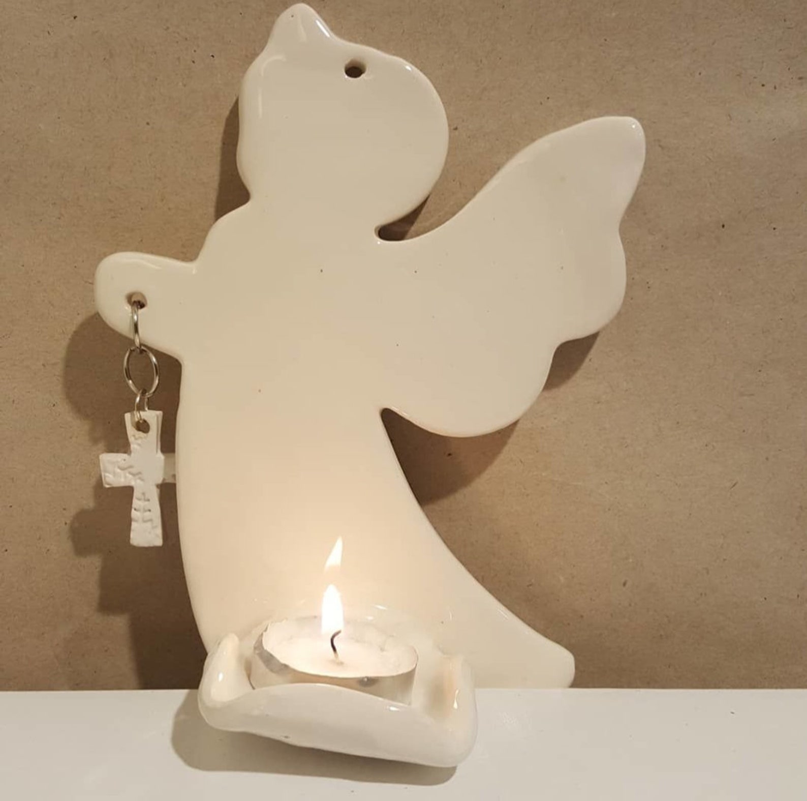White Angel Candle Holder with Cross Hand Wall Tea Light Etsy
