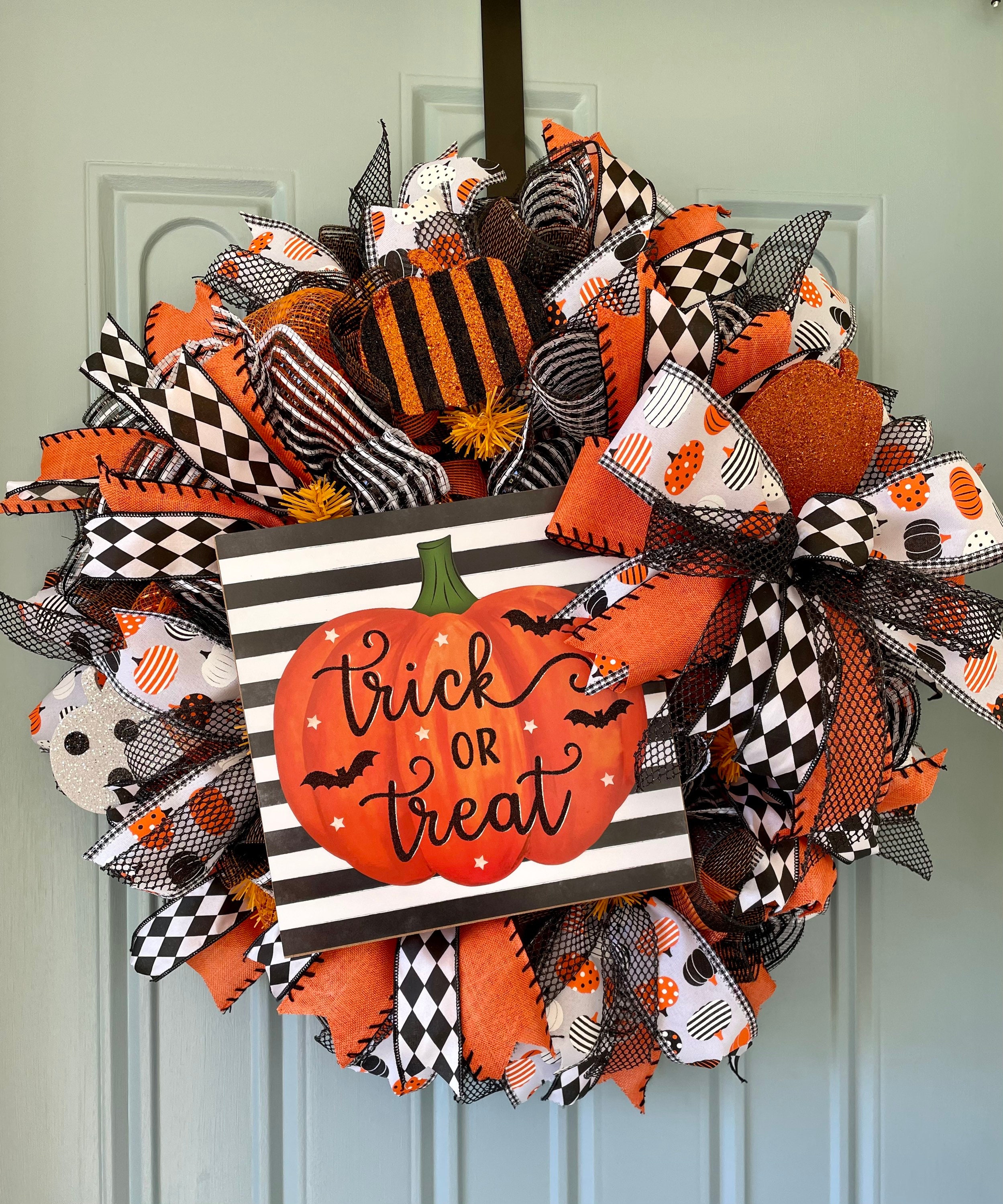 Trick or Treat Halloween Wreath, Black, Orange & White, Halloween