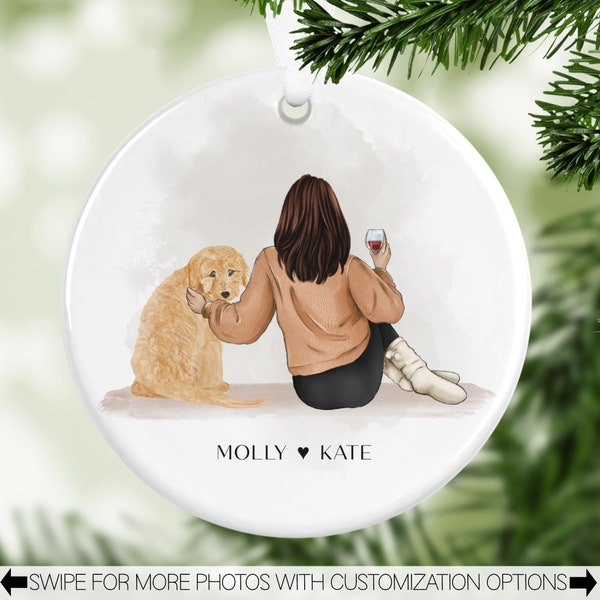Personalized Dog Mom Tree Ornament, Dog Owner Holiday Gift, Custom Family Pet Christmas Ornament, Dog Illustration, Dog Mom Gift ORN0003