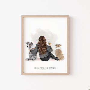 DIGITAL FILE, Personalized Pet Owner Portrait Print, Custom Dog Mom Wall Art, Pet Family Print, Pet Illustration, Personalized Holiday Gift