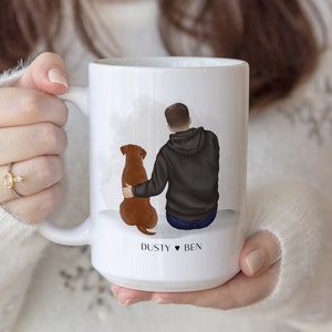 Personalized Pet and Male Owner Portrait Mug, Custom Dog Dad Cup, Father&#39;s Day Gift, Dog Lovers, Grandad, Family Pet Illustration