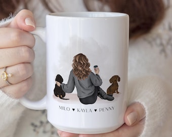Dachshund Mom, Weiner Dog, Personalized Coffee Mug, Pet and Owner Portrait, Custom Dog Mom Cup, Christmas Gifts for Dog Lovers,