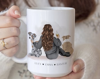 Taza personalizada con retrato de dueño de mascota, taza personalizada para mamá de perro, regalos de Navidad para amantes de los perros, taza de café para mascotas familiares, ilustración de mascotas MUG0003