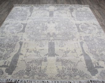 Square 8x8 feet Handmade Silk Wool Area rug ,Large Square Silk Carpet,Ivory Grey floor decor