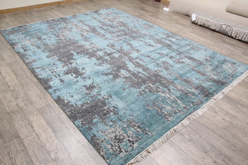 8x10 Turquoise Blue Colour Silk Wool Abstract Pattern Area Rug - Etsy