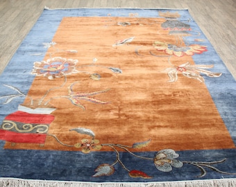 8x10 Chinese Art Deco Silk rug , Vintage Design Silk Carpet, 240x300 Cms Carpet