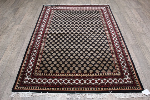 Handmade Persian Silk Rug, Black & Cream, 5x7 ft