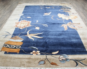 8x10 Chinese Art Deco Silk rug , Vintage Design Silk Carpet, 240x300 Cms Carpet, royal blue colour silk rug