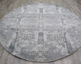 8x8 Handmade Fine Quality Wool and Real Silk Round Shape Rug, Steel Grey Colour round rug
