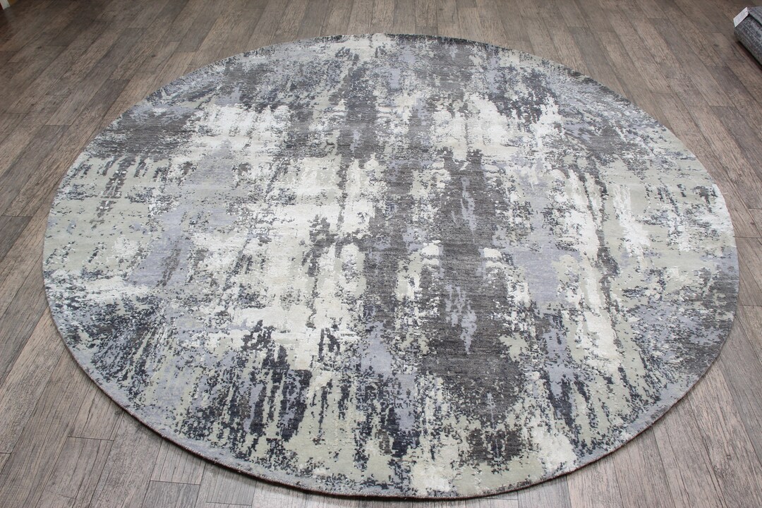 8x8 Feet Round Modern Rug , Grey Abstract Wool Silk Round Rug - Etsy