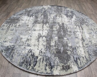 8x8 feet Round Modern rug , Grey Abstract wool silk Round rug