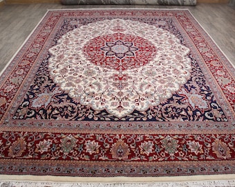 9x12 Red Ivory Persian Style Rug | Hand Knotted Oriental Area Rug | Traditional Floral Medallion Carpet | Navy Red Luxury Living Room Rug