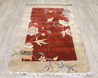 4x6 Chinese Art Deco Silk rug , Vintage Design Silk Carpet, 120x180 Cms Carpet