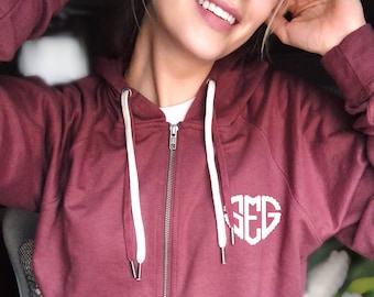 Valentines Day Womens Monogrammed Full Zip Hoodie Jacket, Gift for Her, Monogram Jacket, Hoodie for Women, Personalized Zip Jacket, Hooded