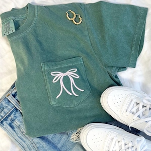 Cute Ribbon Bow Comfort Colors Pocket Tee | Coquette Bow Tee | Trendy Bow Tee | Gift for Her | Embroidered Tee | Bow Shirt | CC30EB1