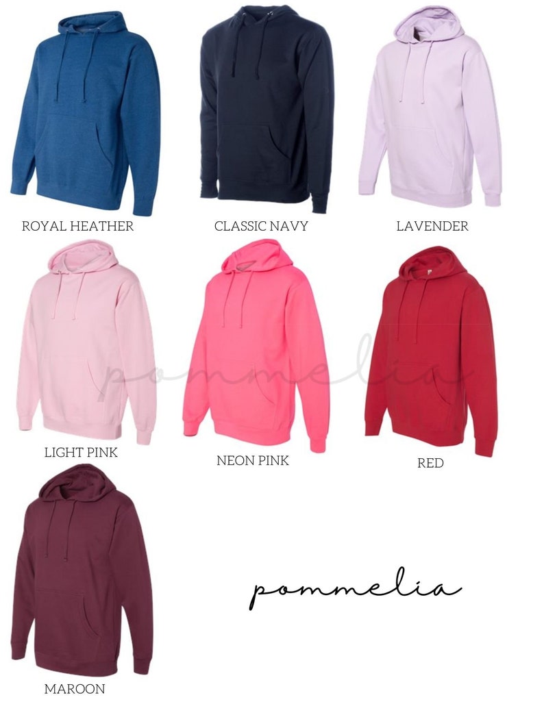 a group of different colored hoodies with the names of them