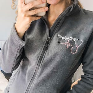 Monogrammed Nurse Full Zippered Midweight Fleece | Nurse Fleece Jacket | Personalized Ladies Nurse/Doctor Heart Stethoscope | Heartbeat