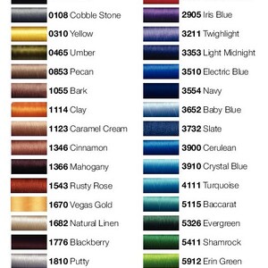 a color chart of different colors of thread