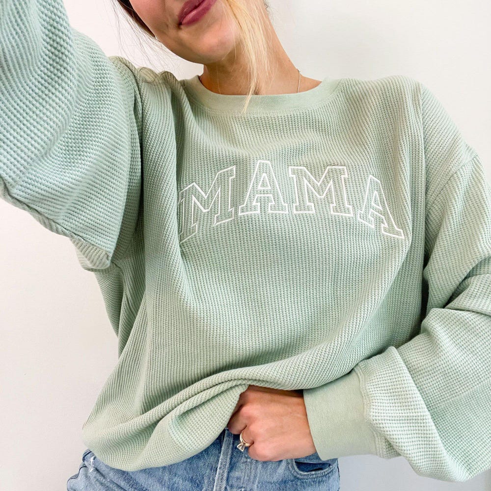 Mom Gift Waffle Knit Mama Crewneck Sweatshirt | Embroidered Mama Sweatshirt | Family Crewneck Sweatshirt | Pregnancy Announcement | Gift For Family Gift For Mom