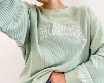 Waffle Knit Mama Crewneck Sweatshirt | Embroidered Mama Sweatshirt | Family Crewneck Sweatshirt | Pregnancy Announcement | Gift for Family