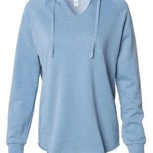 a light blue sweatshirt with a hoodie on it