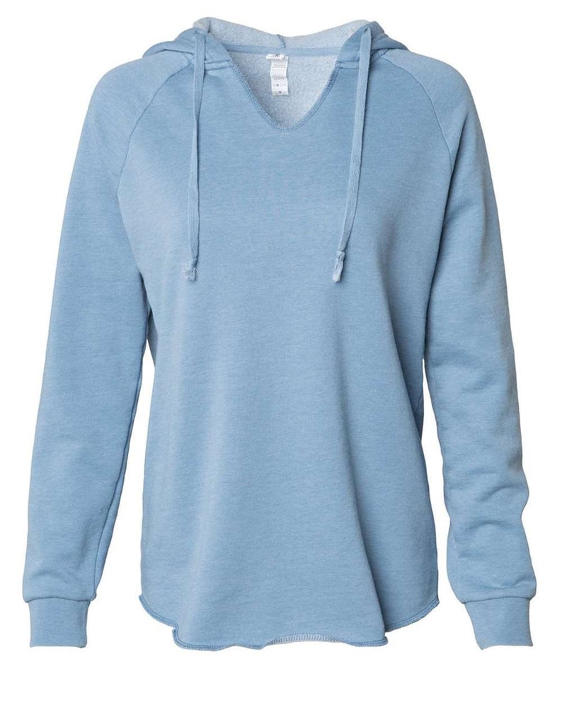 a light blue sweatshirt with a hoodie on it