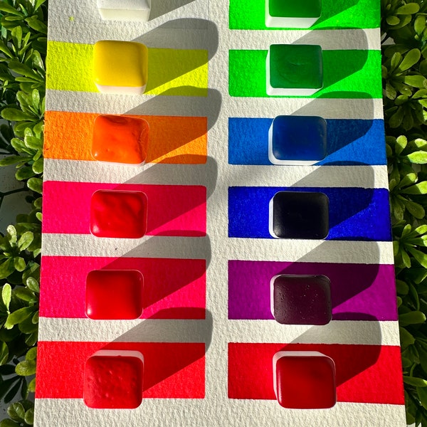 Halve Pan Neon Set | Handgemaakte aquarellen | Neonkleuren | Handgemaakte kaarten | Waterverf Bloemen | Mat Pigment | Halve pannen