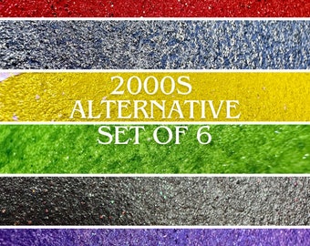 May include: A set of six glitter nail polishes in various colors, including red, blue, yellow, green, black, and purple. The set is labeled "2000s Alternative Set of 6".