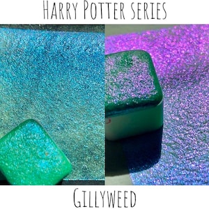 May include: Two square samples of iridescent green glitter paint. The paint is labeled "Gillyweed" and "HARRY POTTER SERIES".