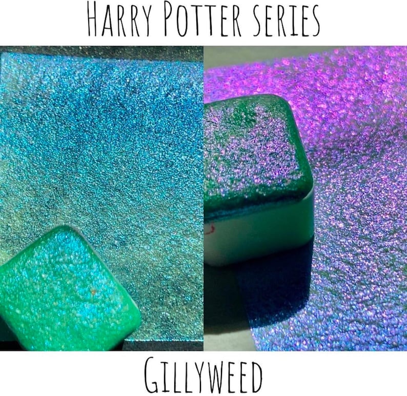 May include: Two square samples of iridescent green glitter paint. The paint is labeled "Gillyweed" and "HARRY POTTER SERIES".