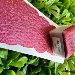 May include: Close-up of a swatch of shimmering, deep rose-colored paint on white paper. A small, square paint sample labeled "Act A Fool Girl" is next to the swatch. The background is a bed of green foliage.