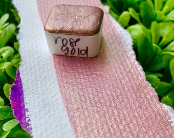 Rose Gold Mica | Watercolor | handmade paint, handmade watercolors, half pan, full pan, card making, calligraphy, rose gold, colorshift