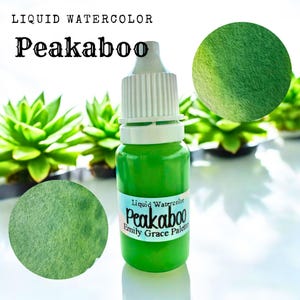 May include: A small bottle of green liquid watercolor paint with a white cap. The bottle has a label that says "Liquid Watercolor Peakaboo Emily Grace Palette".
