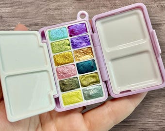 Mini Pocket Watercolor Palette – Handmade Shimmer Paint Set – 12 Mini-Pans – Travel Watercolors – Artist Gift – Metallic Glitter Colors