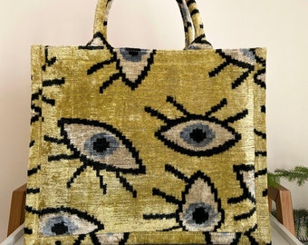 eyes tote bag | ikat fabric tote bag | velvet large jute tote | handmade ikat bag | ikat eyes tote bag | ikat tote bag |yellow ikat tote bag