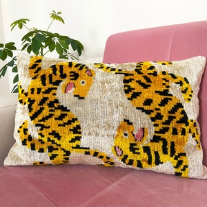 Tiger Ikat Pillow Velvet Silk Animal Cover Lumbar Pillow Case, Gift For Mom, Christmas Day Gift, Personalized Gift