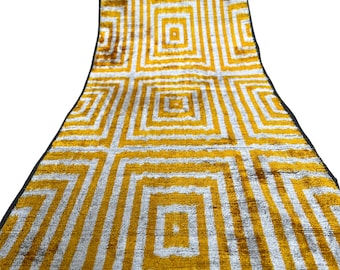 Yellow Ikat Fabric Silk Velvet Uzbek Handwoven Fabric By Yard Home Decor | Crafting Fabric | Lampshade Fabric | Cushion Fabric