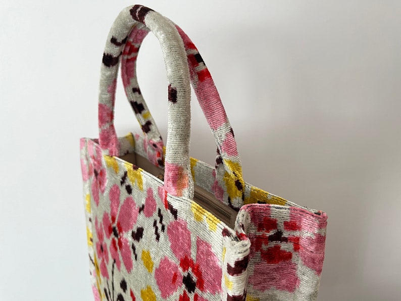 Flower Tote Bag, Velvet Large Jute Tote, Silk Velvet Tote Bag, Handmade Ikat Tote Bag, Ikat Tote Bag, Pink Flower Tote Bag