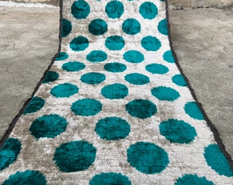 Ikat-sammetstyg | Uzbekiskt tyg | Blåprickigt ikat-tyg | Geometriskt sammetstyg | Handvävt uzbekiskt tyg | Ikat-sammetstyg i siden